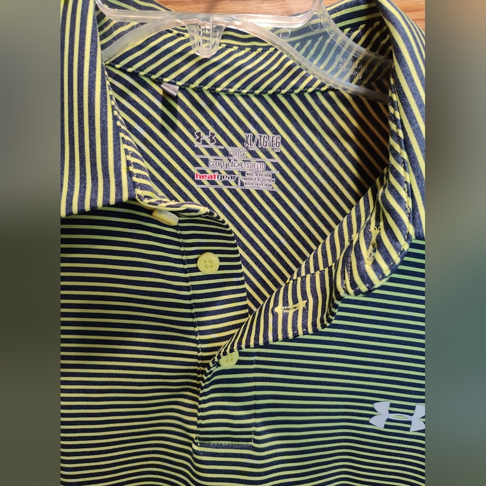 Under Armour Golf Shirt, Men's Navy/Green Striped Polo, Heat Gear, Loose Fit
